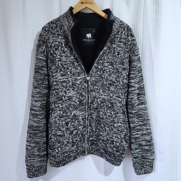 American Stitch Sweater Jacket Large Sherpa Lined Full Zip Black and White Knit - Picture 1 of 11